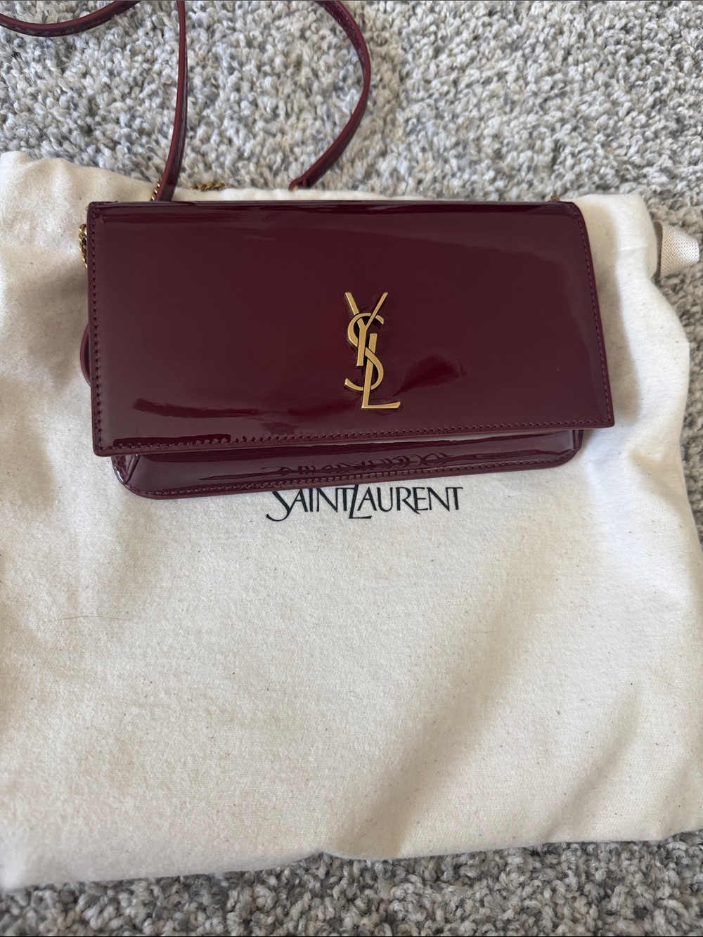 Saint Laurent Burgundy Patent Leather Logo Crossbody Wallet with Gold Chain - Picture 9 of 10